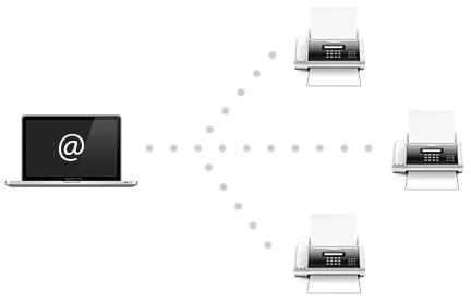 A laptop sending one document out to three fax machines